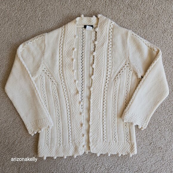 J. Crew Wool Cashmere Handknit Open Front Pointelle Cardigan Sweater